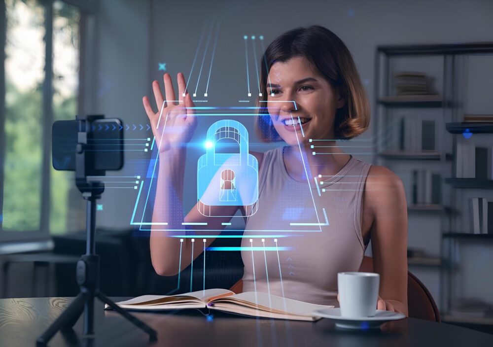 Influenciadora digital gravando conteúdo para redes sociais com elementos visuais de proteção de marca e segurança da imagem artística.
